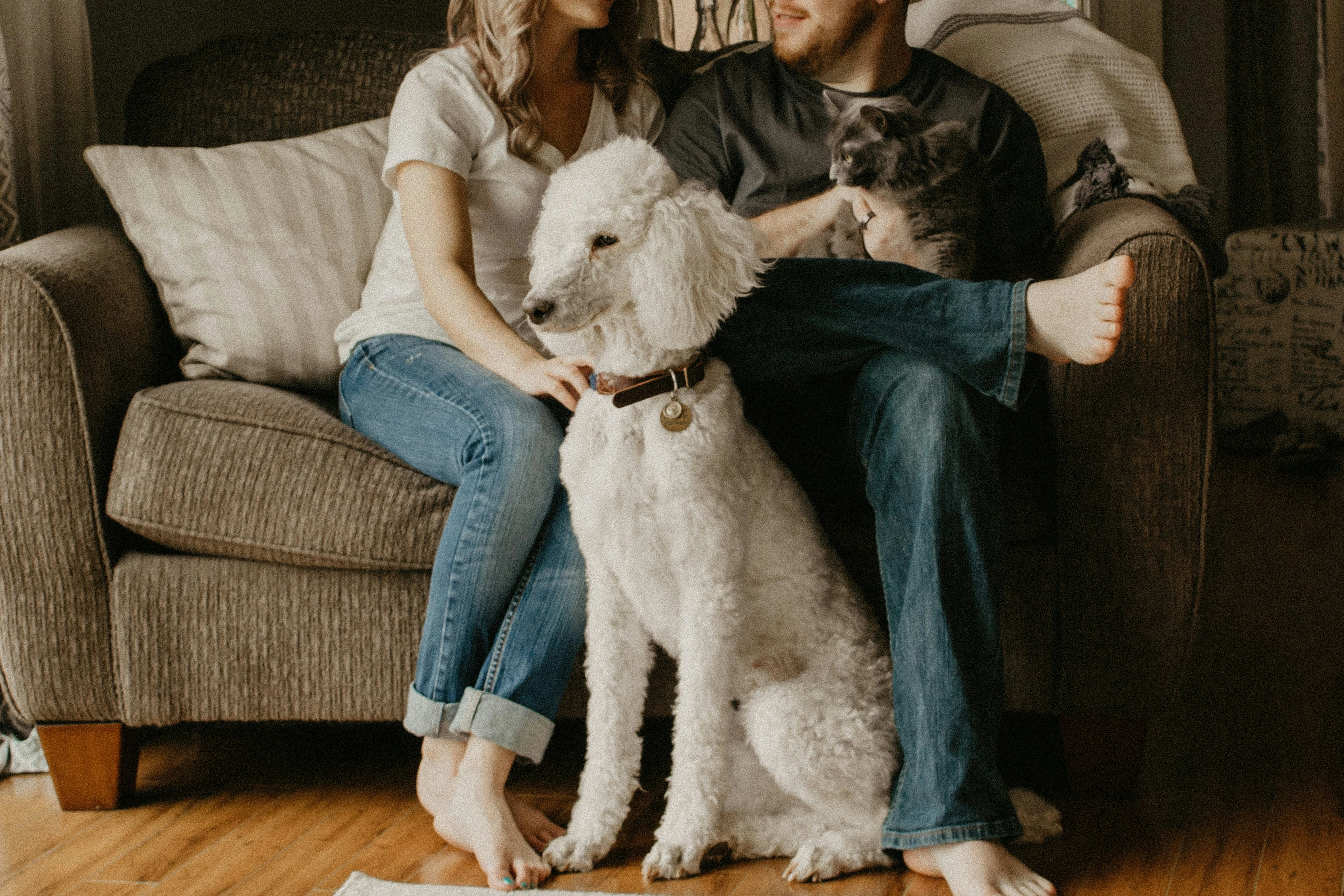 A couple relaxing with their dog